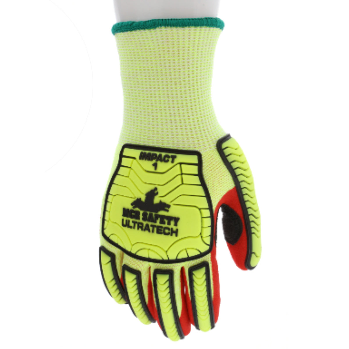 MCR Safety UltraTech UT1956 Hi-Vis Lime And Red Impact-Resistant Gloves, Single Glove View