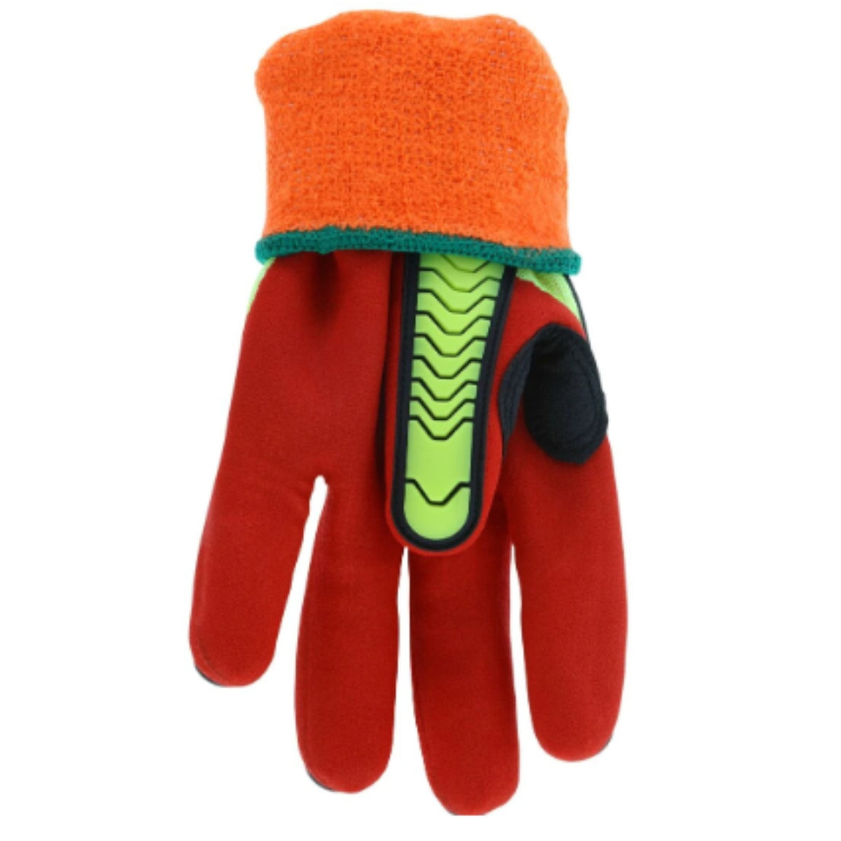 MCR Safety UltraTech UT1956 Hi-Vis Lime And Red Impact-Resistant Glove, Red Coated Palm, Protective Finger Padding And Orange Knit Cuff