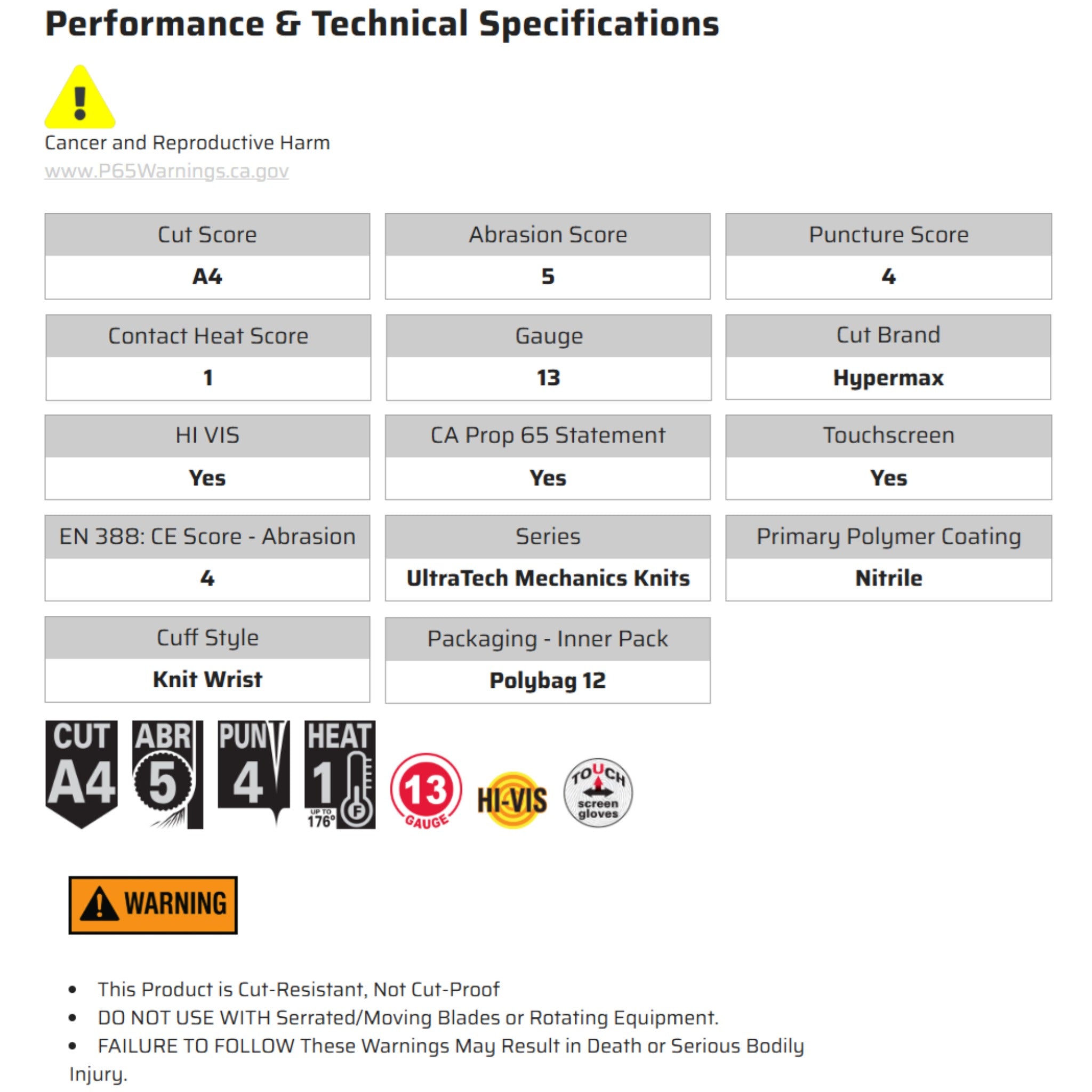 MCR Safety UltraTech UT2952 Work Glvoves, Specs