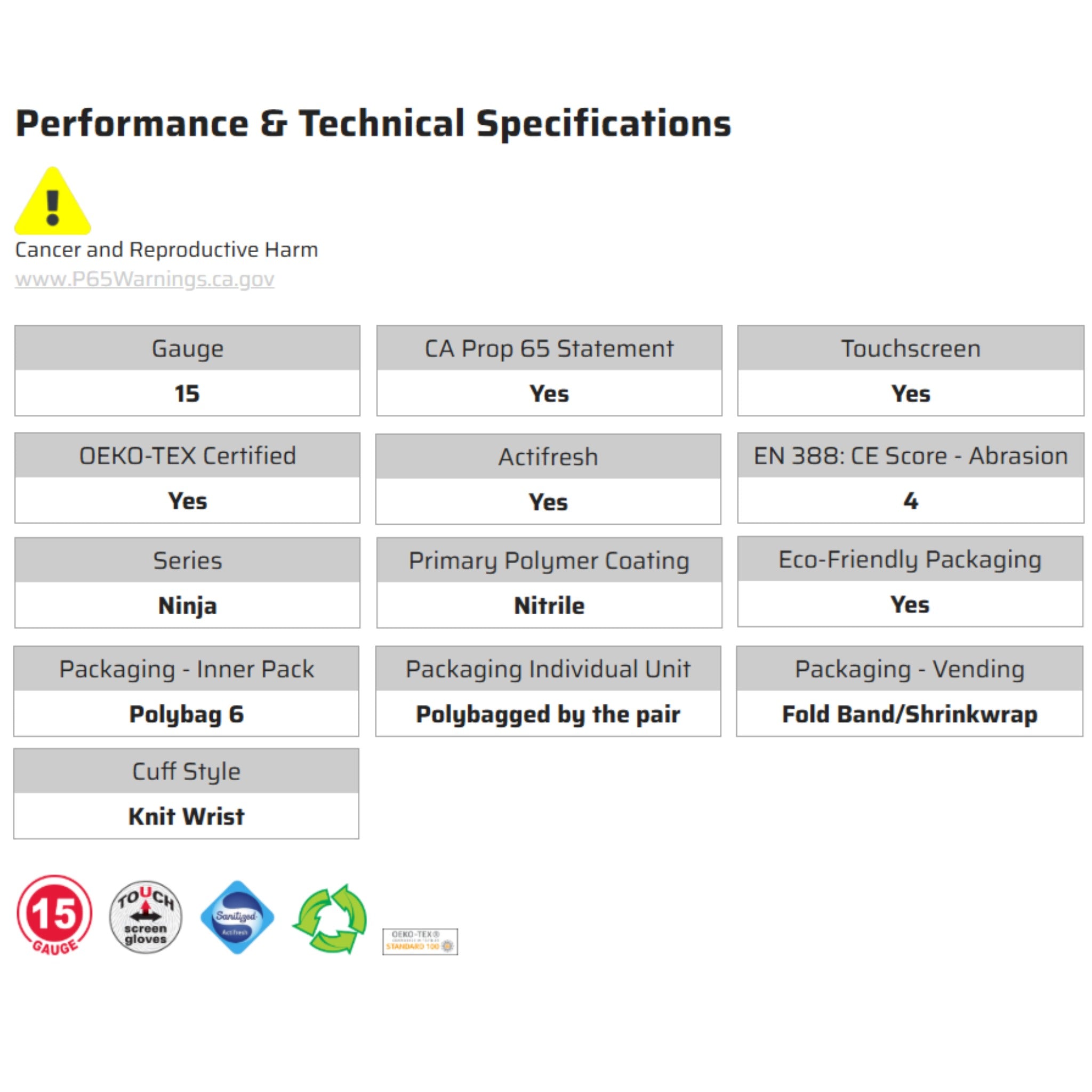 MCR Safety Ninja VPN96797 Work Gloves, Specs