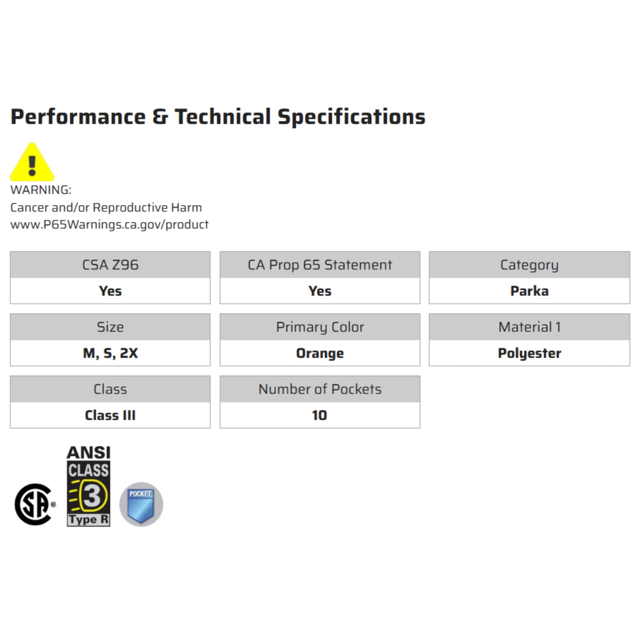MCR Safety VT31JH Winter Jacket, Specs