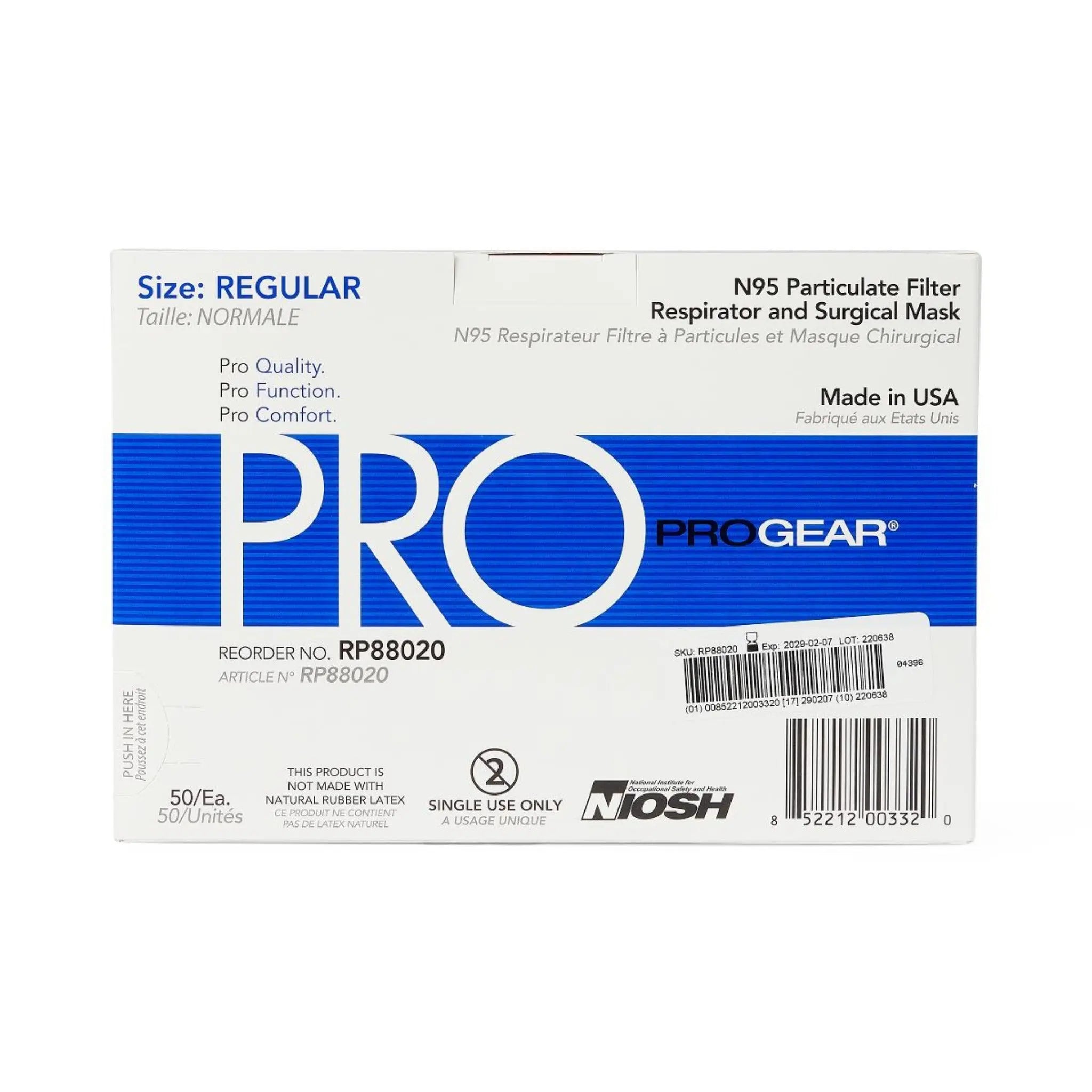 PRESTIGE AMERITECH ProGear RP88020Z  Flat Fold N95 Respirator Mask, Front of Box View
