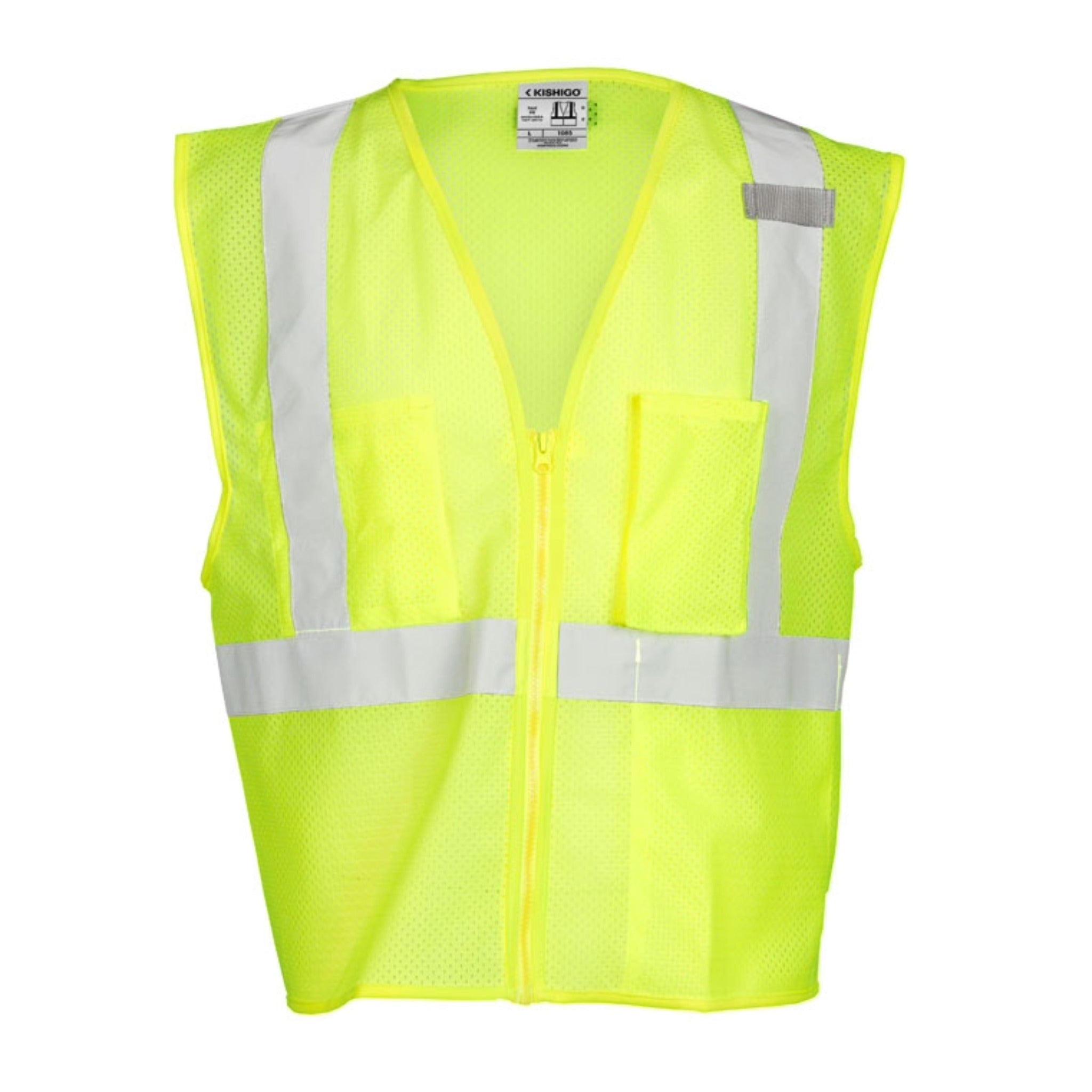 Kishigo 1085-2X Ultra-Cool 3-Pocket Zipper Mesh Vest, Type R, Class 2, Lime, 1 Each-Front