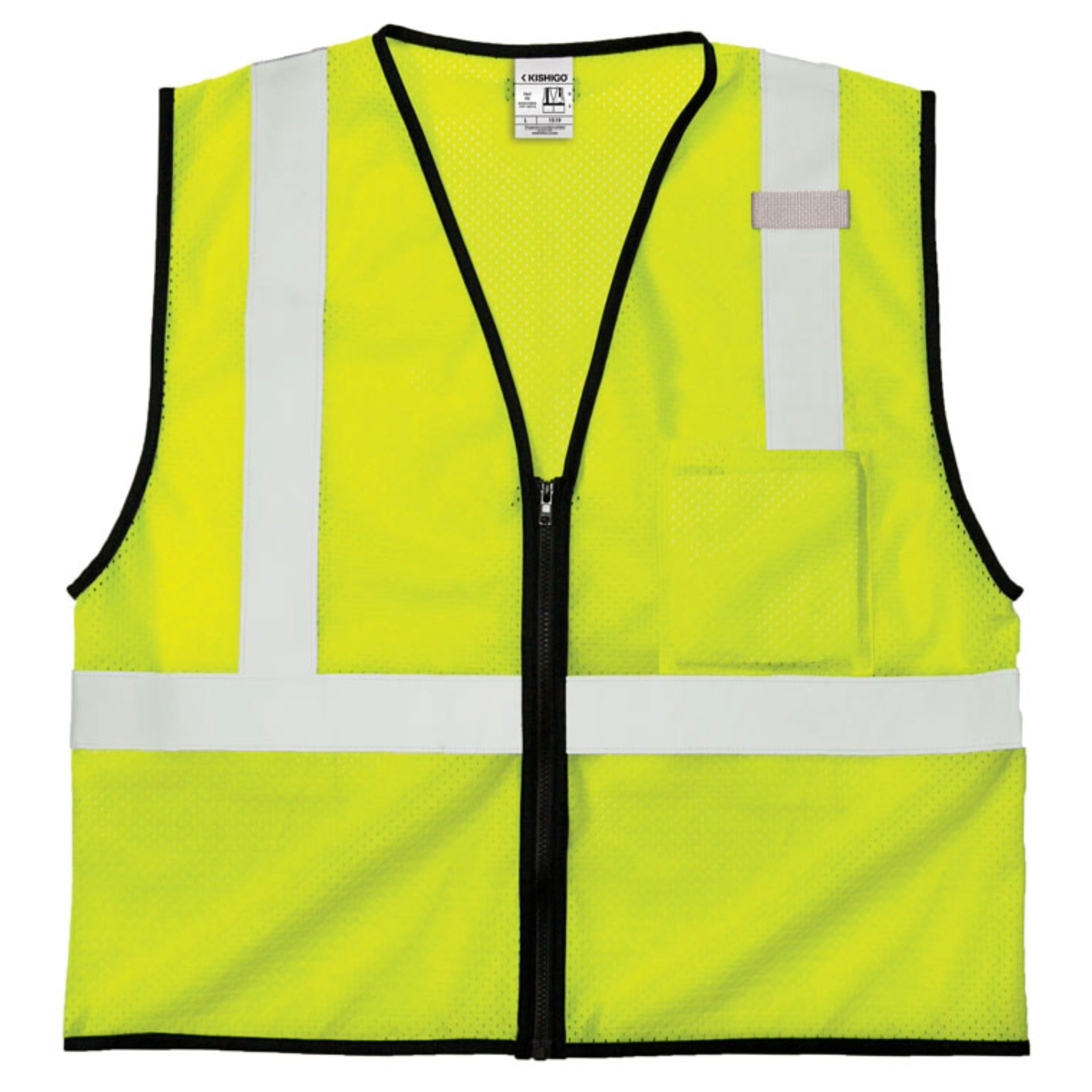 Kishigo 1519 Economy Class 2 Single Pocket Zipper Mesh Vest, Type R, Class 2, Lime, 1 Each-Front-Flat