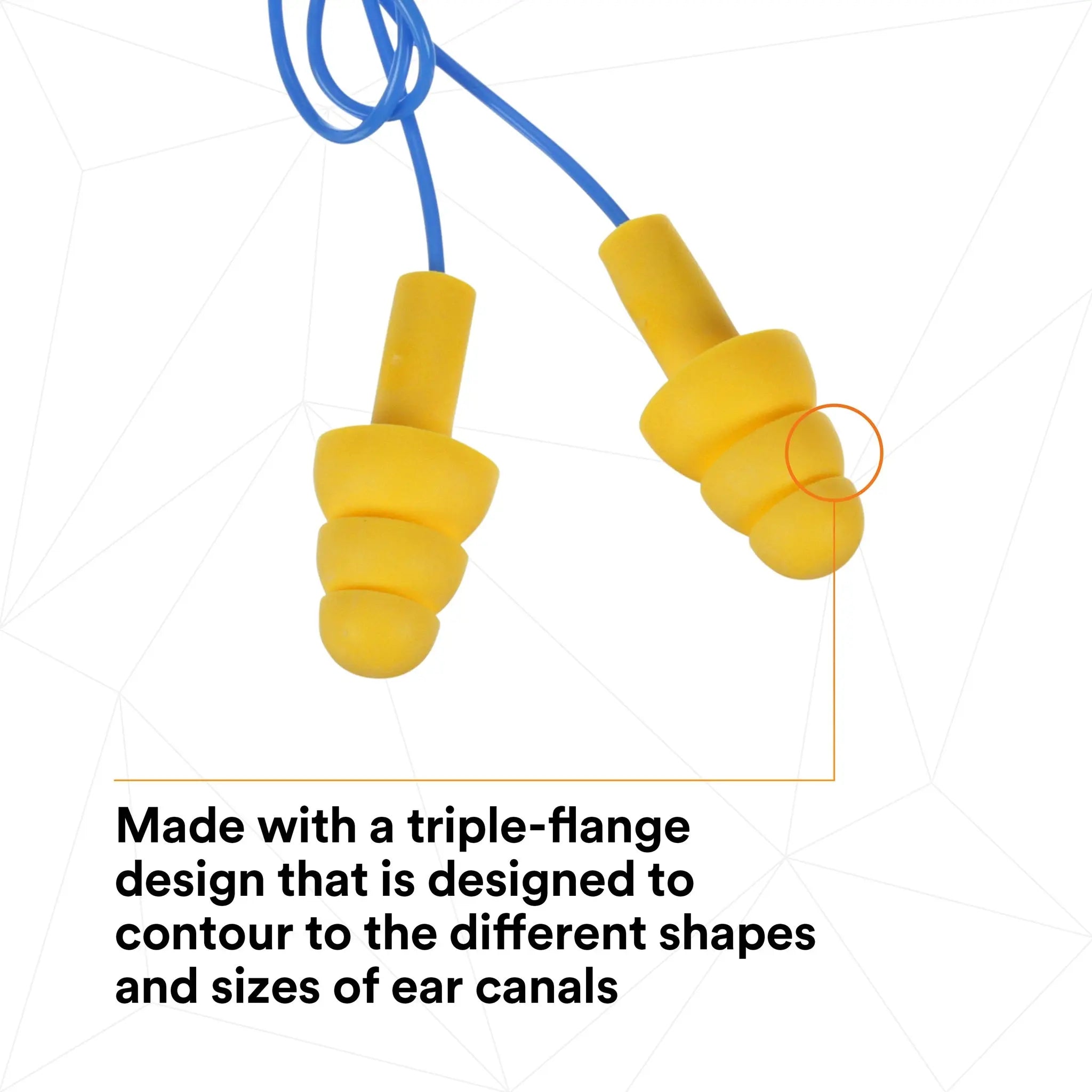 3M E-A-R UltraFit 340-4004 Elastomeric Polymer Corded Earplugs, Yellow, triple-flange design