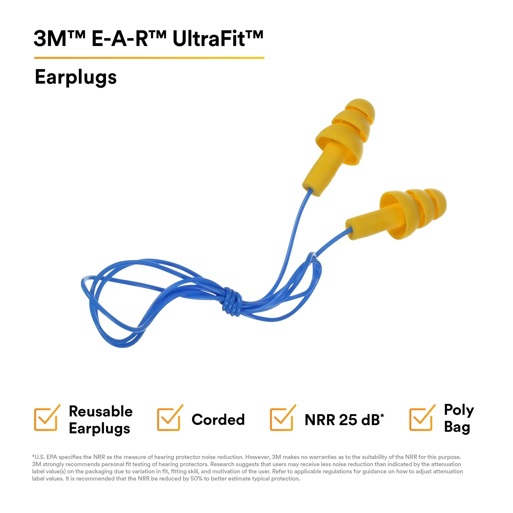 3M E-A-R UltraFit 340-4004 Elastomeric Polymer Corded Earplugs, Yellow, Features