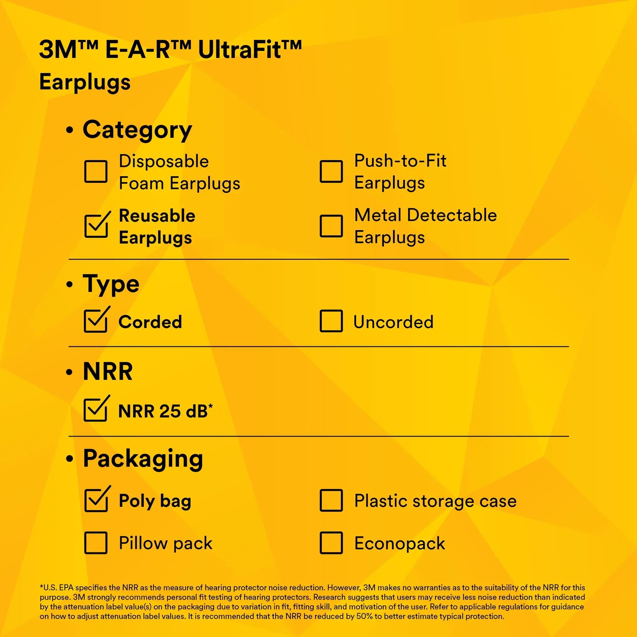 3M E-A-R UltraFit 340-4004 Elastomeric Polymer Corded Earplugs, Yellow, Performance Data