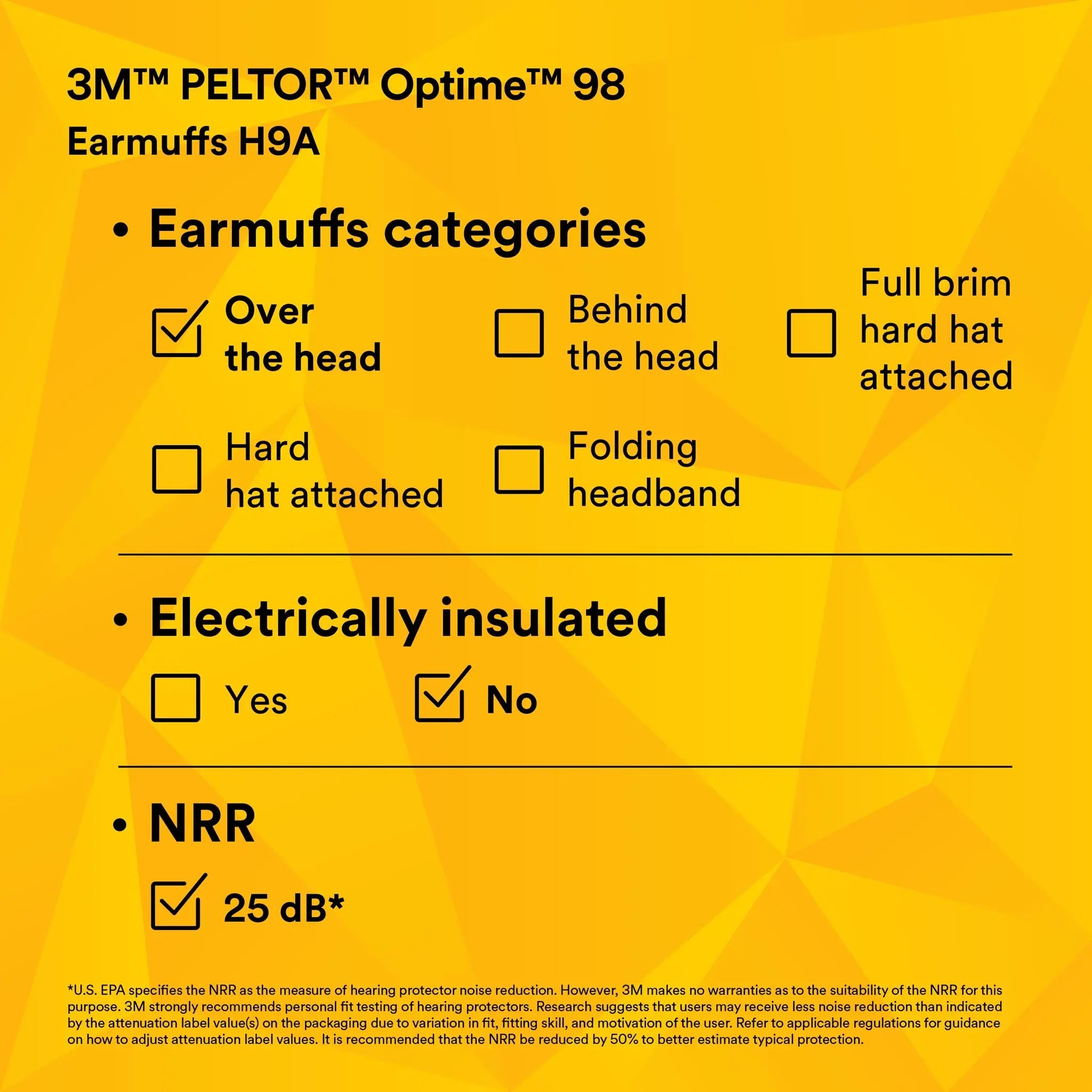 3M PELTOR H9A Optime 98 Over-the-Head Earmuffs, Performance Data