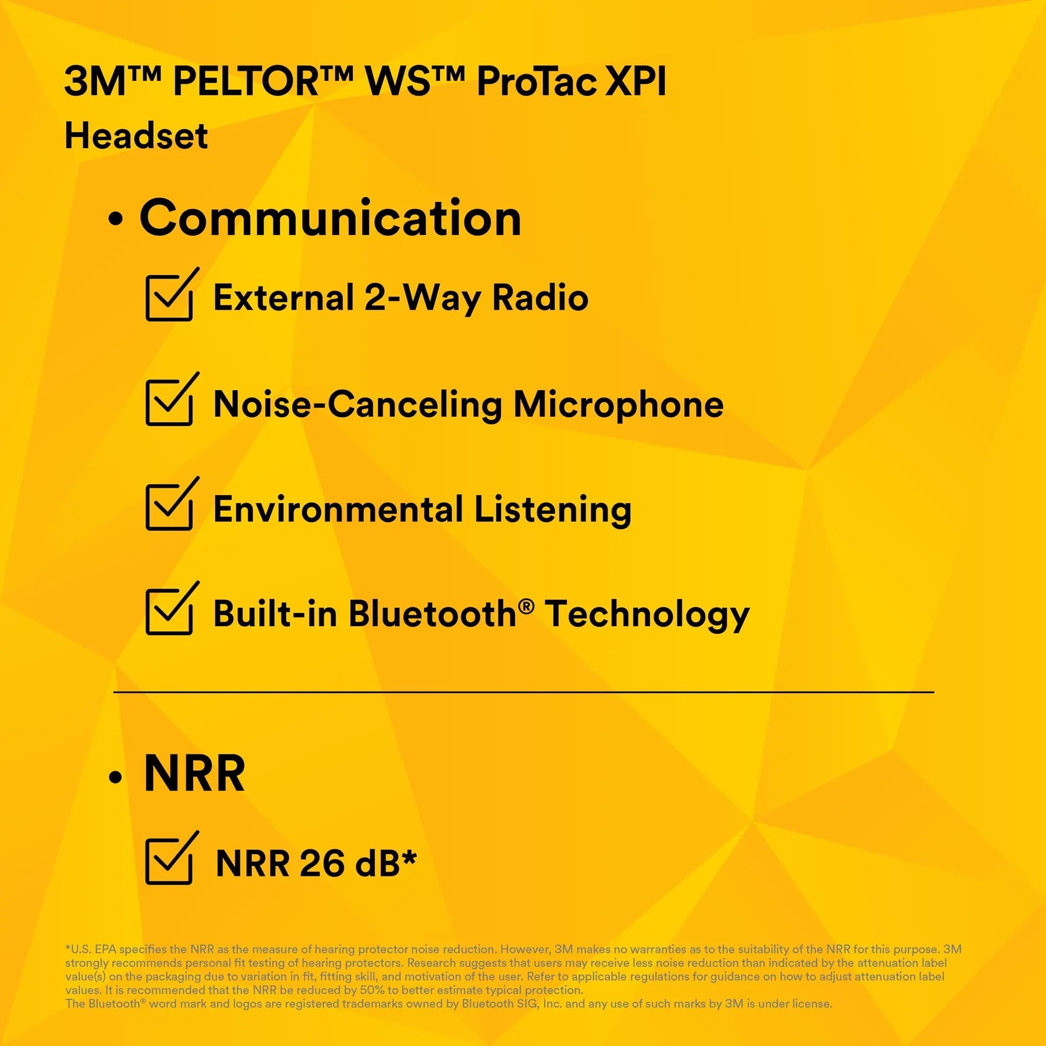 3M Peltor MT15H7AWS6 WS ProTac XPI Headset, Headband Style, Hi-Vis Yellow, Performance Data