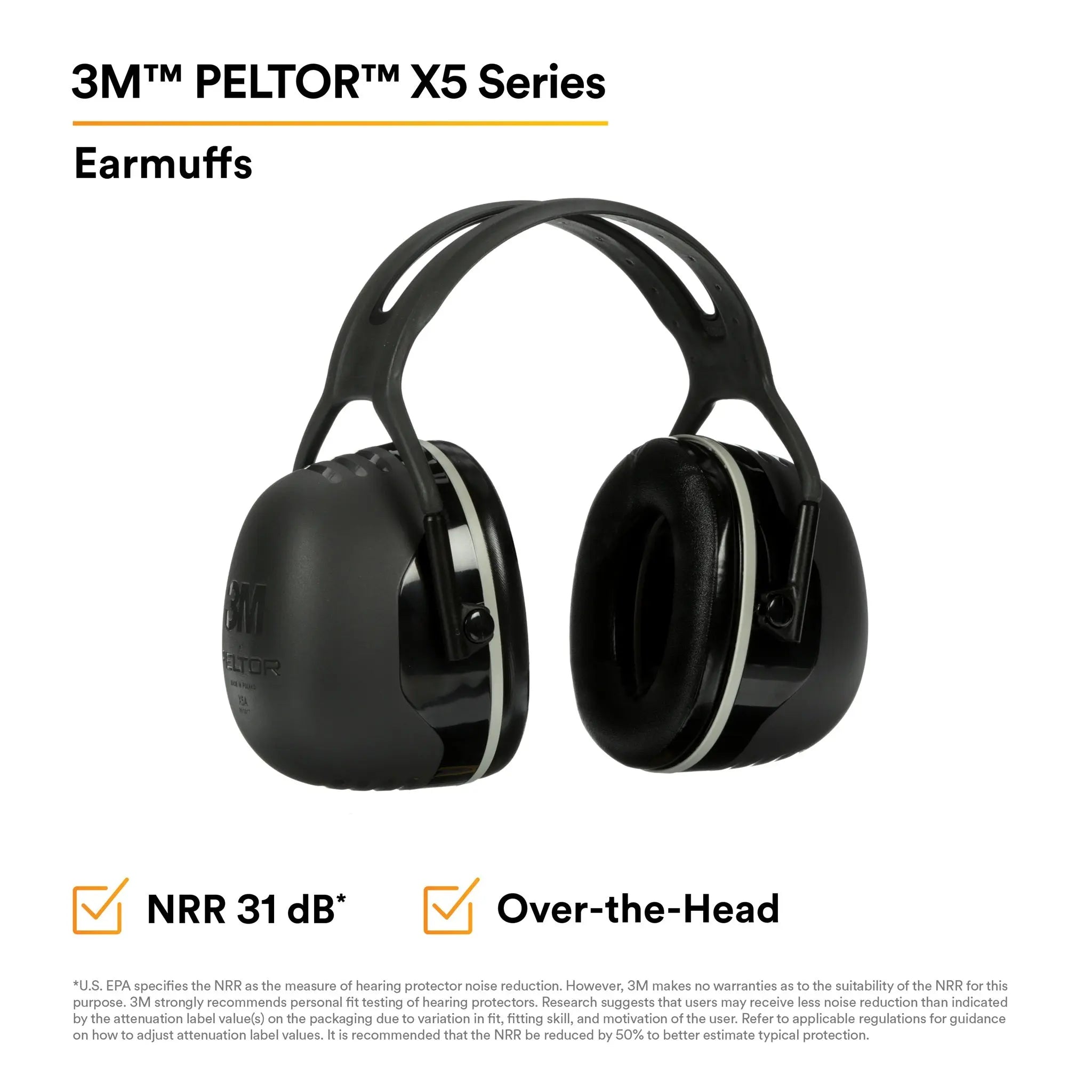 3M Peltor X5A Over-the-Head Earmuffs, Black, Features
