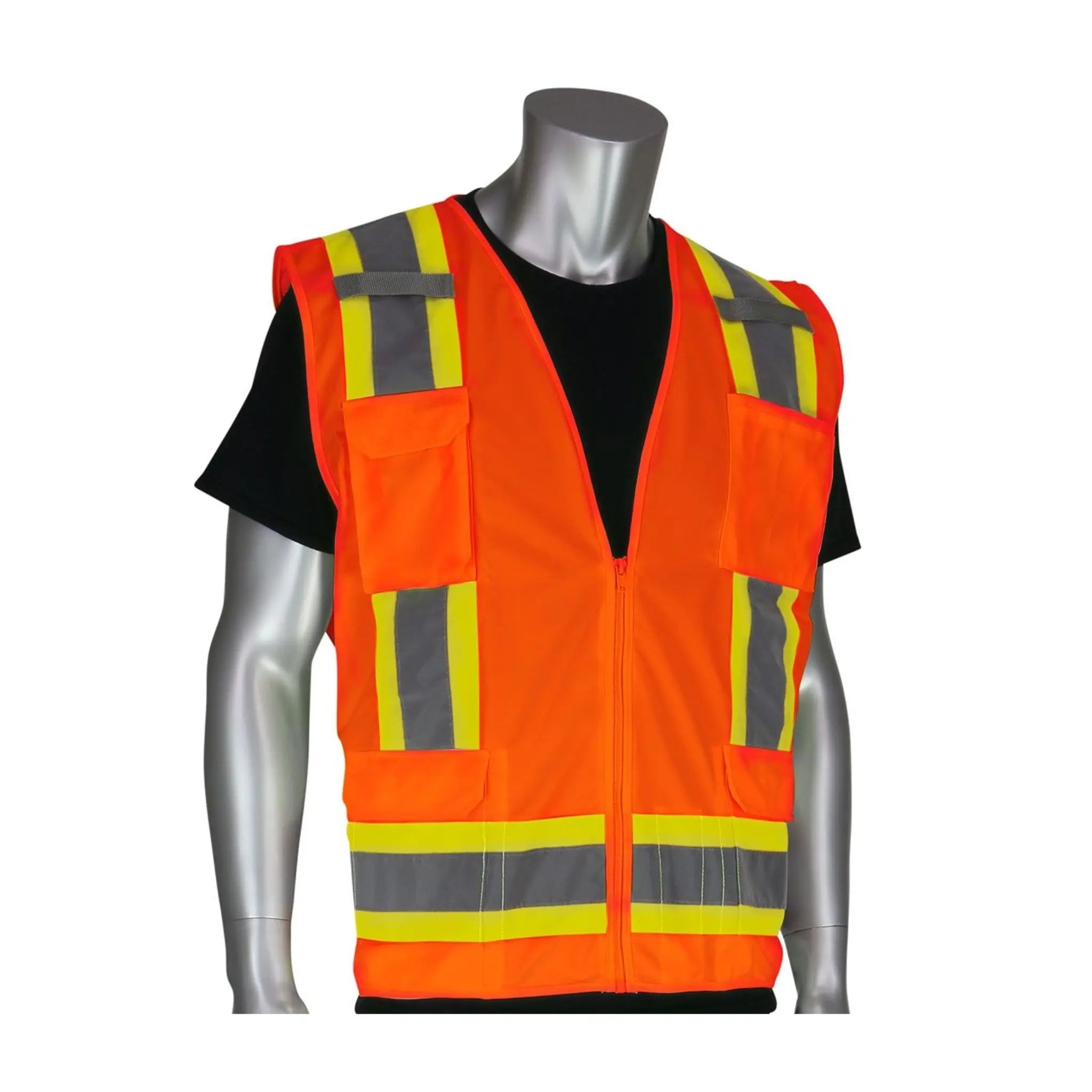 PIP 302-0500 ANSI Type R Class 2 Two-Tone Eleven Pocket Surveyors Vest, Hi Vis Orange, Front View
