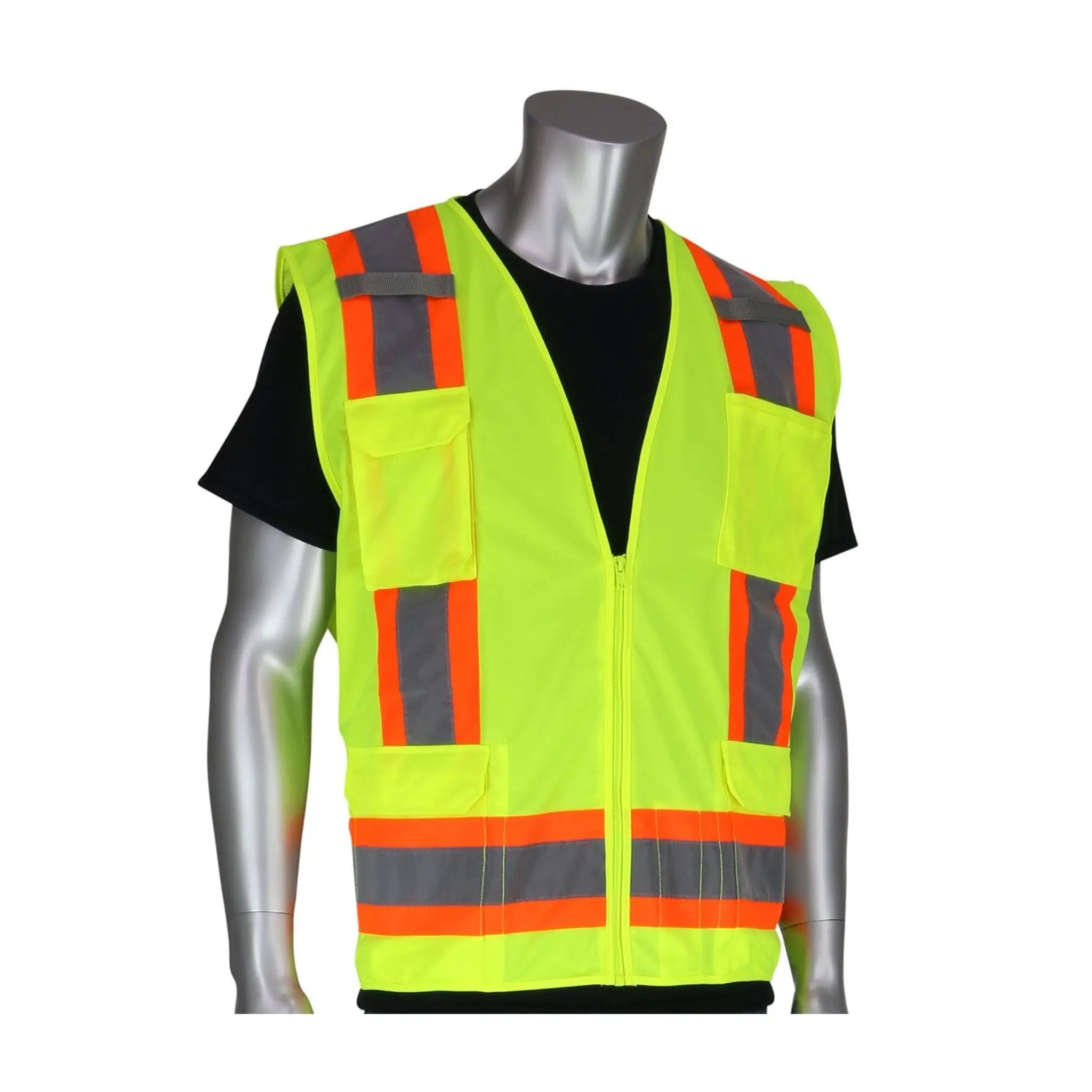 PIP 302-0500 ANSI Type R Class 2 Two-Tone Eleven Pocket Surveyors Vest, Hi Vis Yellow, Front Image