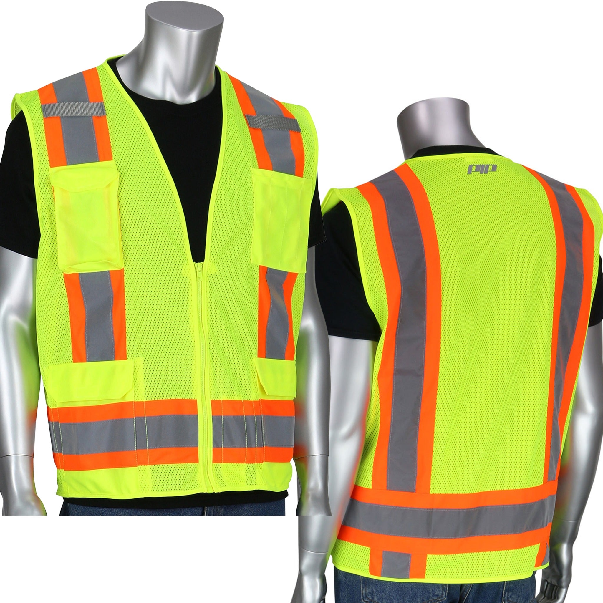 PIP 302-0500M-LY/XL ANSI Type R Class 2 Two-Tone Eleven Pocket Mesh Surveyors Vest, Hi-Vis Yellow, X-Large, 1 Each