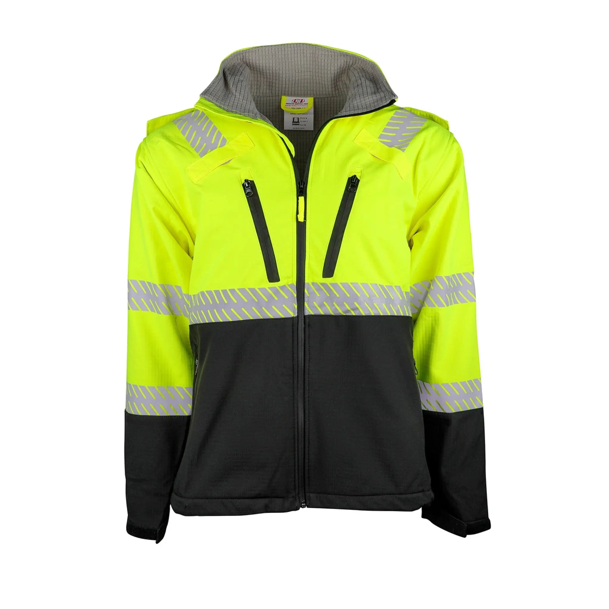 PIP 333-1550-LY Softshell Black Bottom Jacket, ANSI Type R Class 3, Ripstop, Hi-Vis Yellow_Front of Jacket
