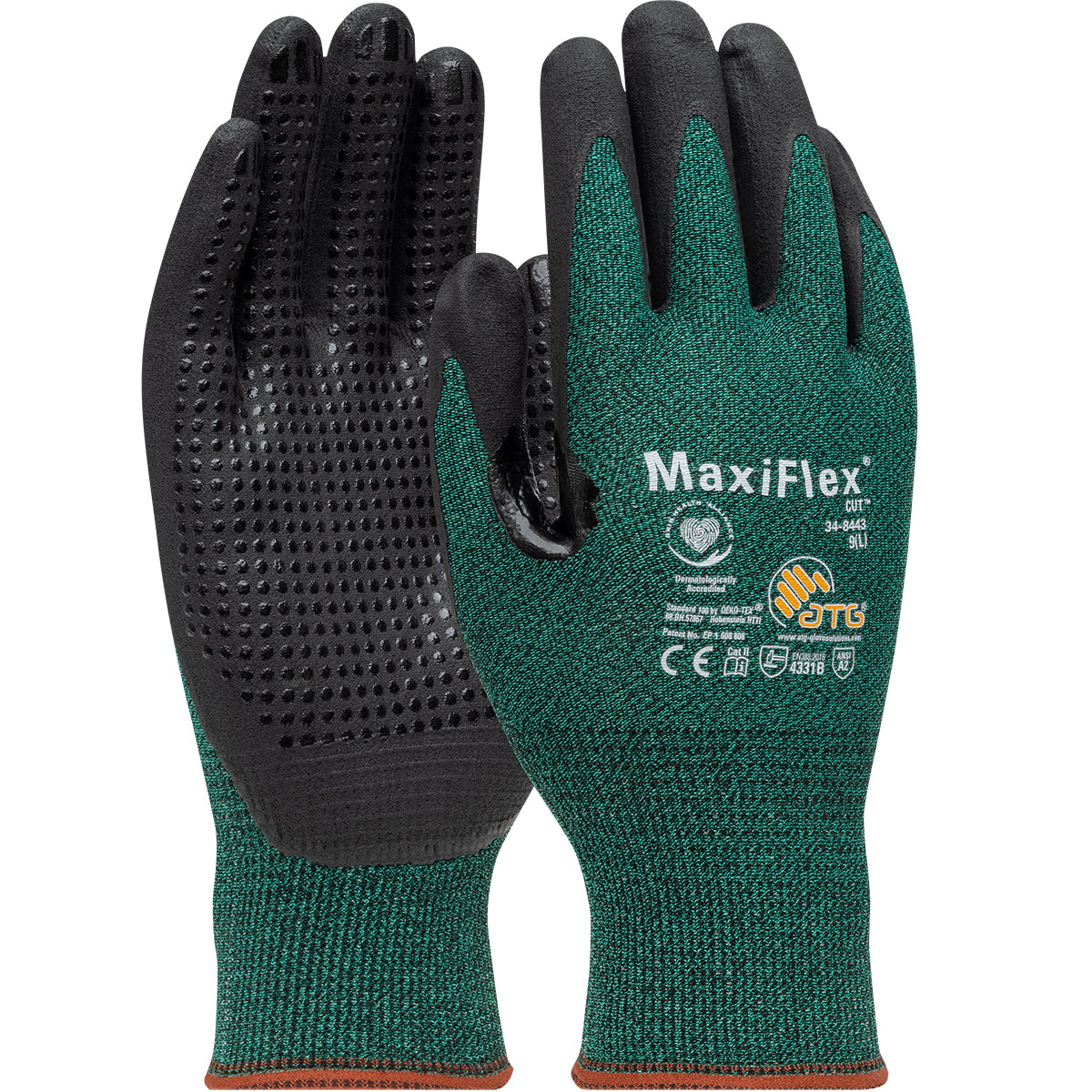 PIP ATG 34-8443 MaxiFlex Cut Gloves, ANSI A2 EN 3, Dotted Palms, Nitrile Micro-Foam, Green (1 DZ)