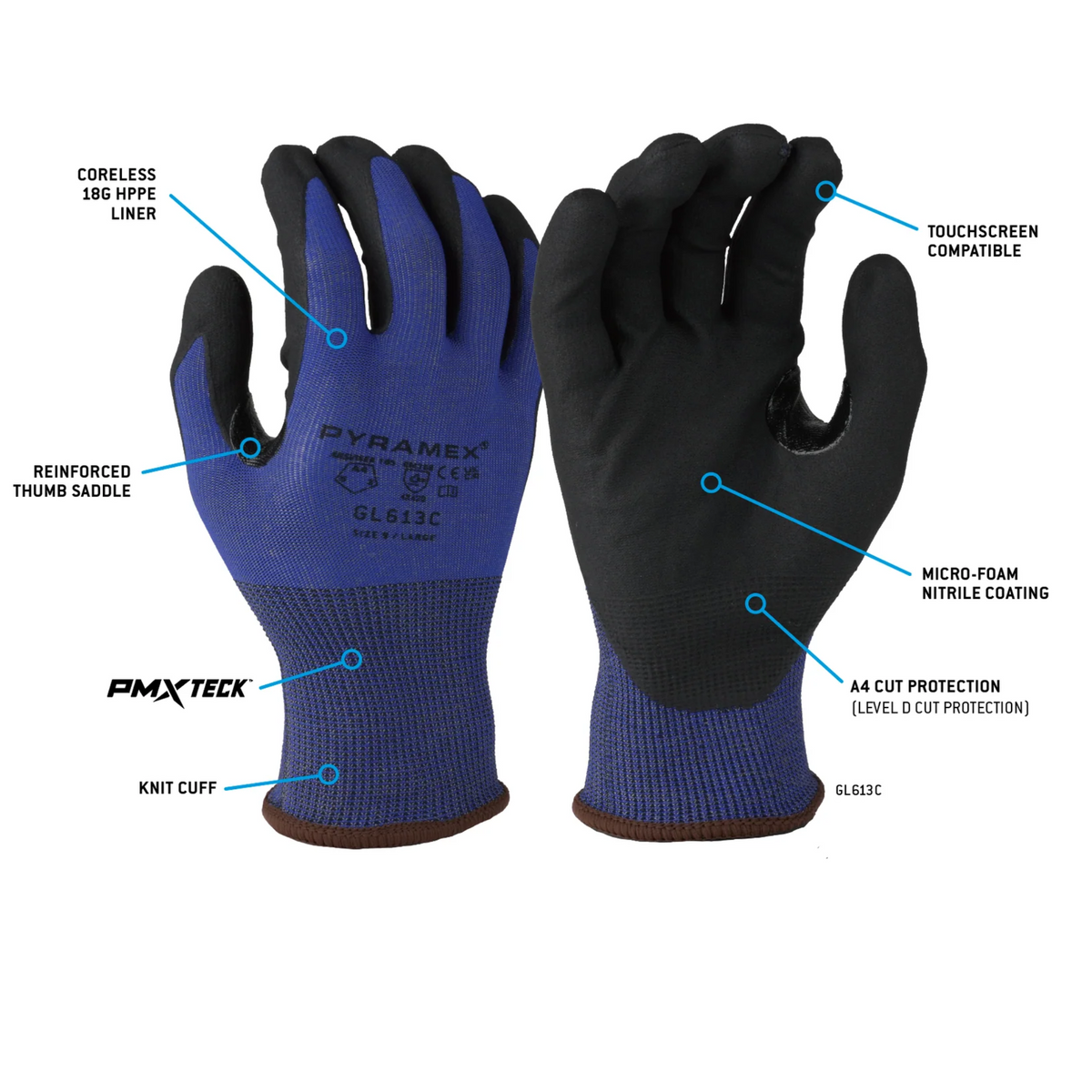 PYRAMEX GL613C 18-Gauge Cut A4 TouchScreen Nitrile Glove, Details