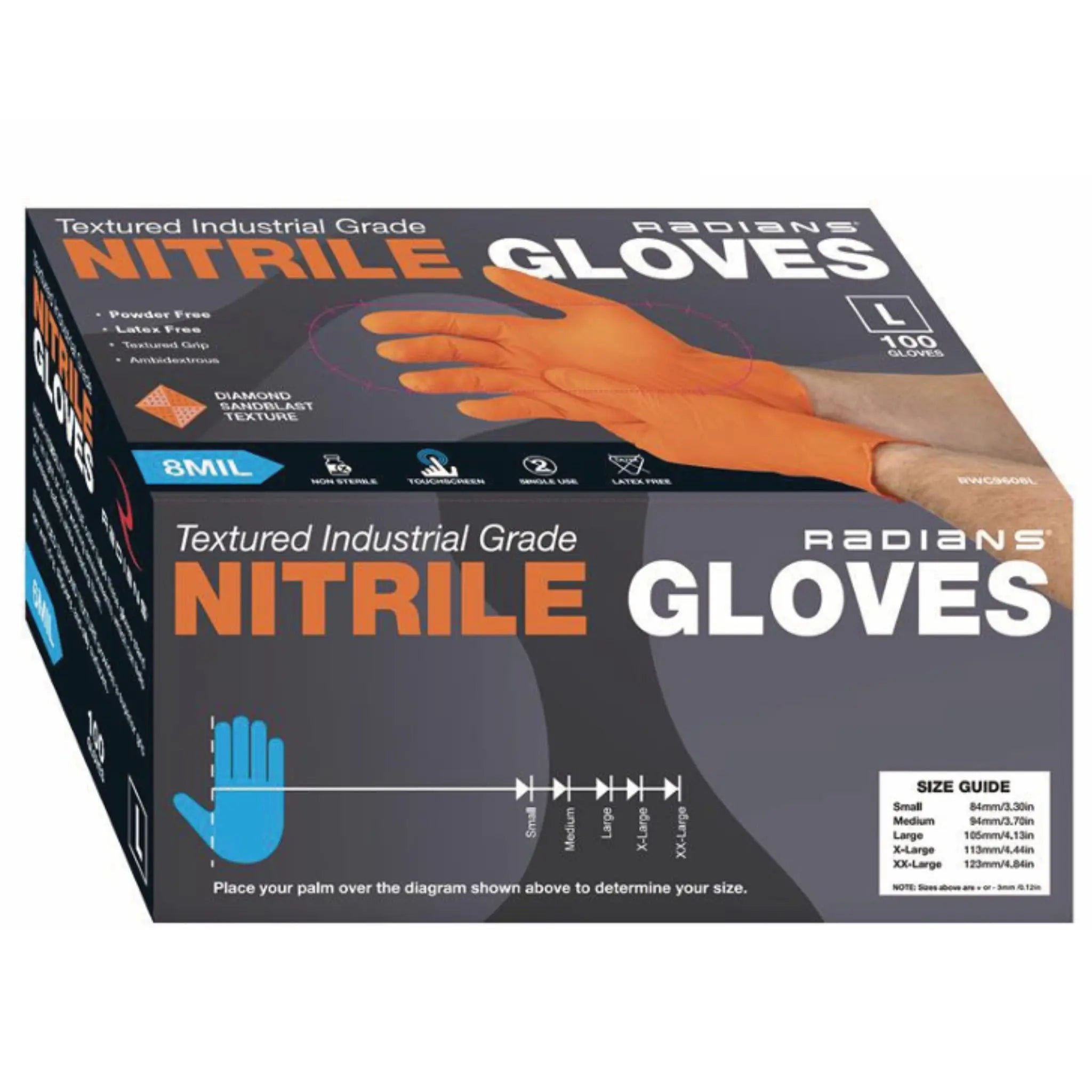 Radians RWG9608 8 Mil Nitrile Diamond Grip Disposable Industrial Grade Glove, Orange, Case of 10 Boxes