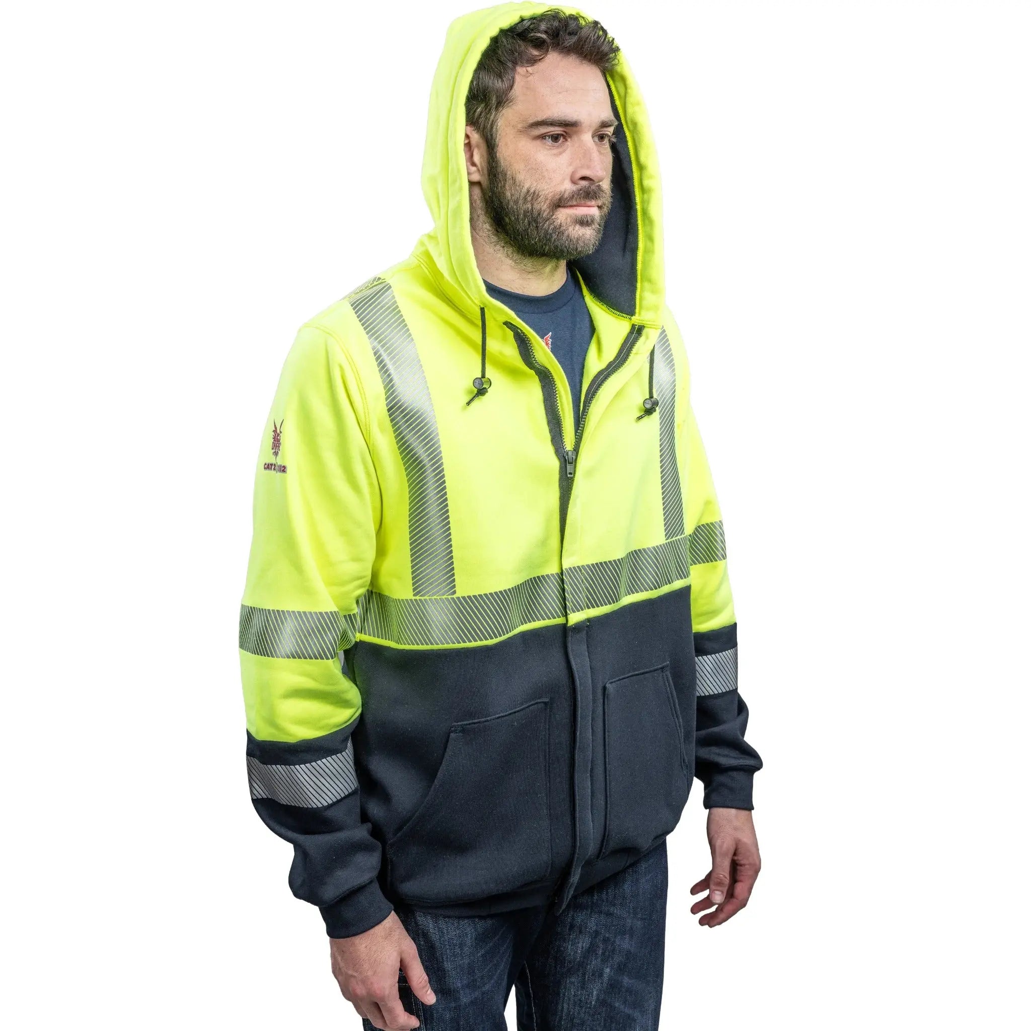 National Safety Apparel DRIFIRE SWSHEHZC3 FR Hi-Vis Hybrid Zip Hoodie Class 3-Model-Hood