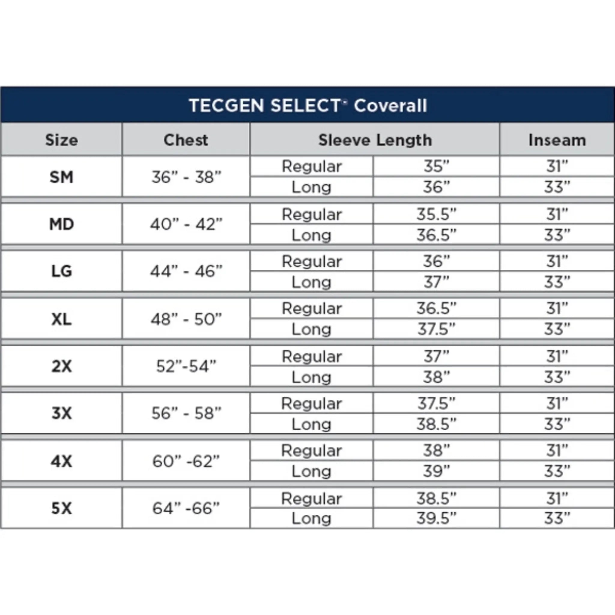 National Safety Apparel DRIFIRE TCG0212 TECGEN FR Coverall-SizingChart