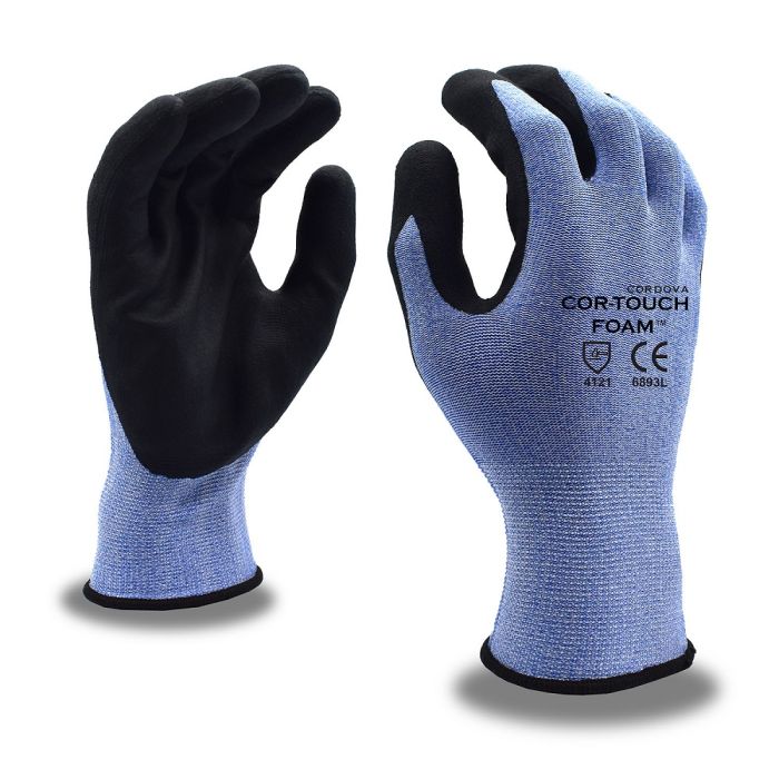 Cordova COR-TOUCH FOAM 6893L Nitrile-Coated Gloves, Blue, Large, Box of 12