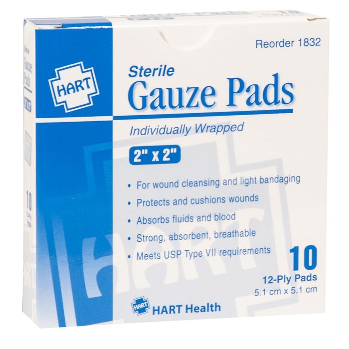 Hart Health 1832 Sterile Gauze Pads, 2" x 2", Individually Wrapped, Box of 10