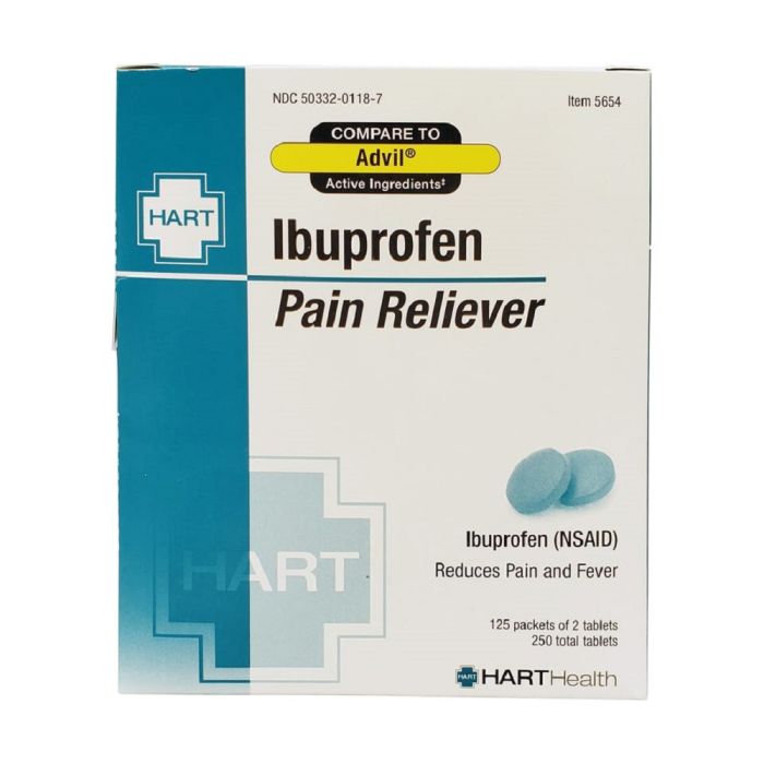 Hart Health 5654 Ibuprofen Pain Reliever, 200mg, Industrial Pack, 125/2's per box, Box of 250 Tablets