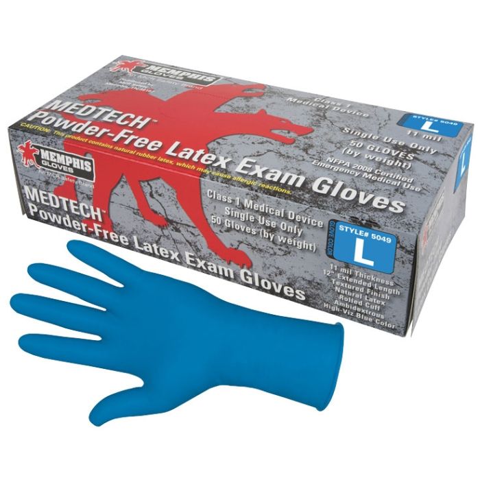 MCR Safety 5049 SensaTouch Powder Free Disposable Latex Gloves, Blue, 50 per Box, Case of 10 Boxes