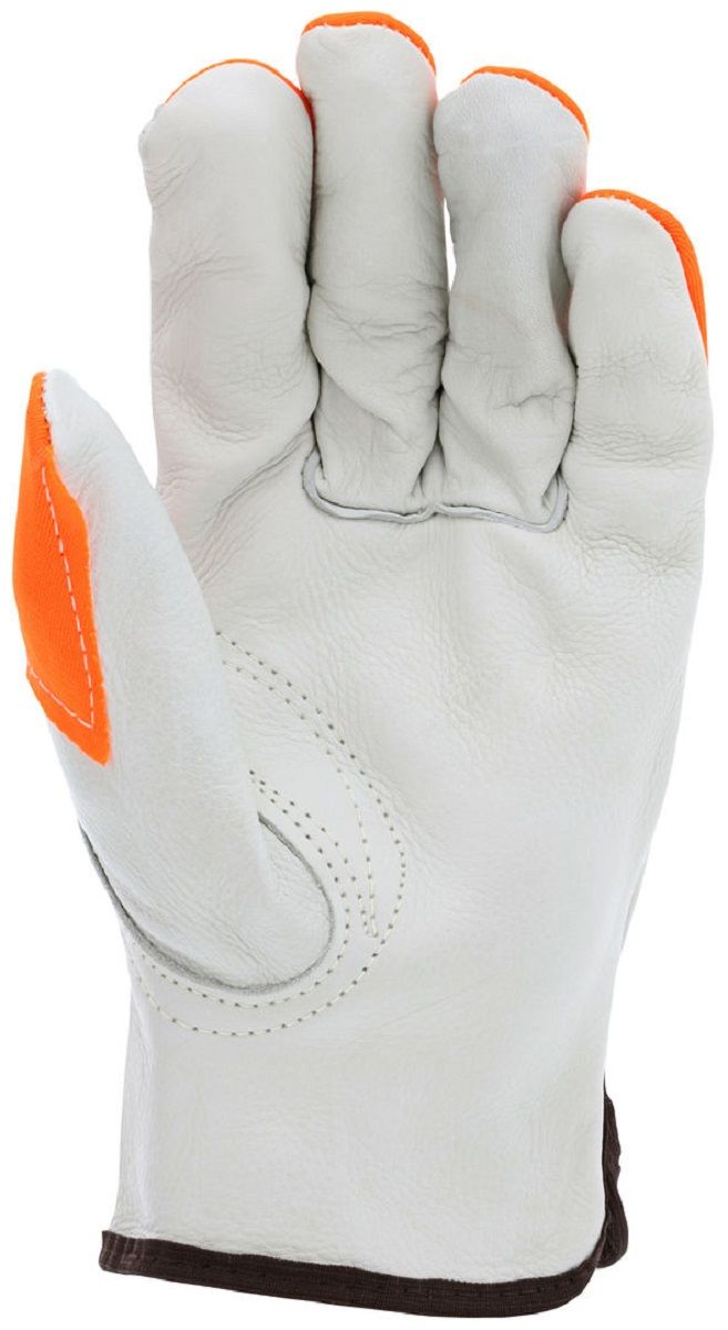 MCR Safety 3215HVI Leather Drivers Work Gloves with Orange Fingertips, Beige, Box of 12 Pairs