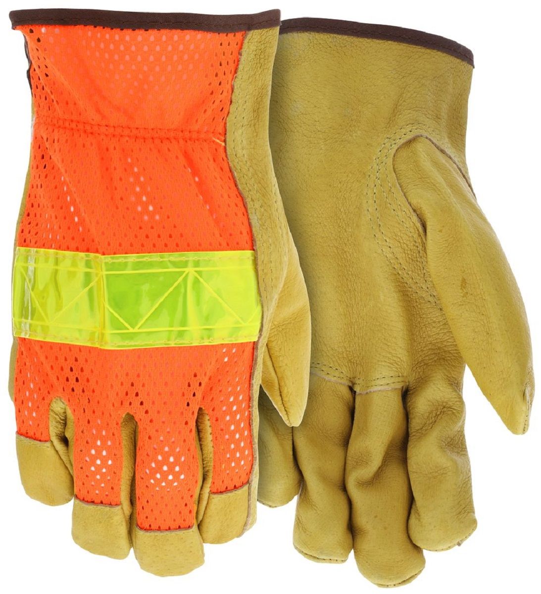 MCR Safety Luminator 34111 Premium Grade Grain Pigskin, Hi-Visibility Leather Drivers Work Gloves, Hi-Vis Orange, Box of 12 Pairs