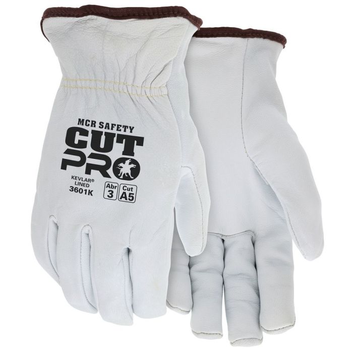 MCR Safety Cut Pro 3601K Premium Grade Grain Goatskin Leather, Drivers Work Glove, White, Box of 12 Pairs