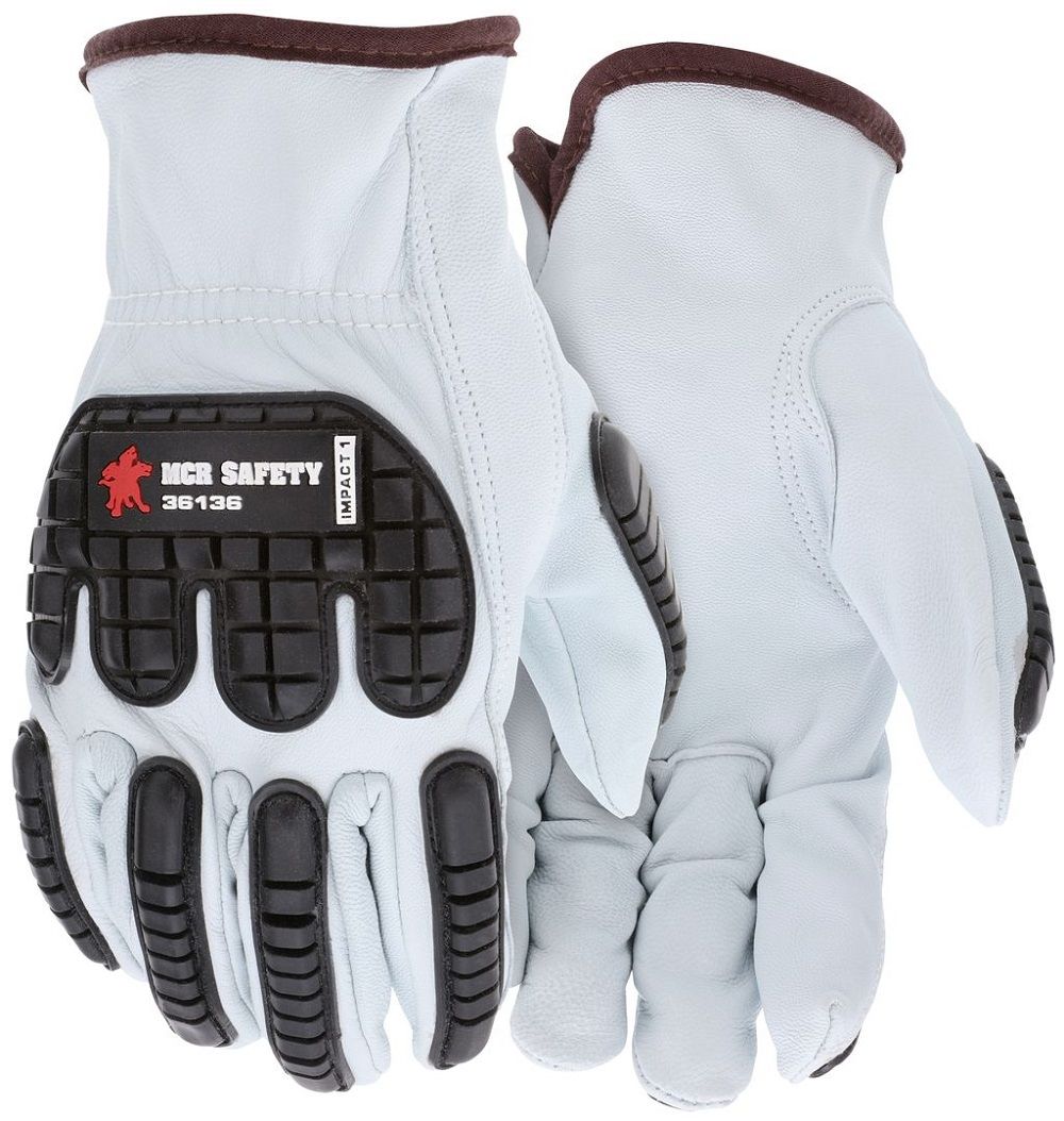MCR Safety 36136 Grain Goatskin Leather with TPR Back of the Hand, Drivers Work Gloves, White, Box of 12 Pairs