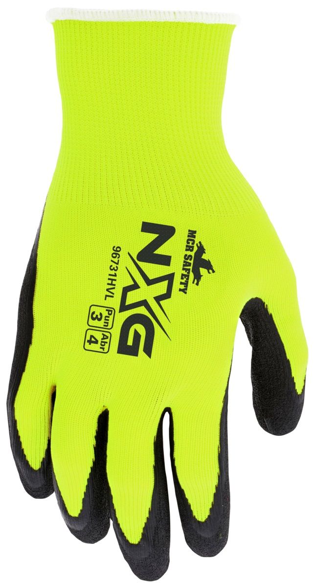 MCR Safety NXG 96731HV 13 Gauge Latex Foam Coated Work Gloves, Hi-Vis Yellow, Box of 12 Pairs