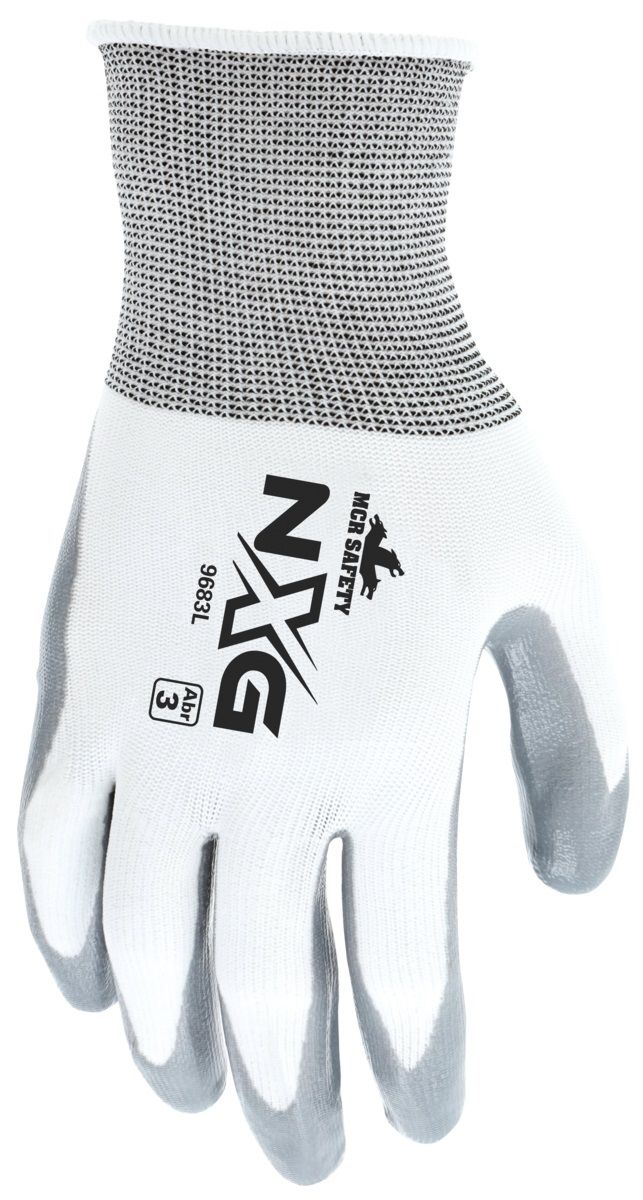 MCR Safety NXG 9683 15 Gauge Nylon Shell, Nitrile Coated Work Gloves, White, Box of 12 Pairs