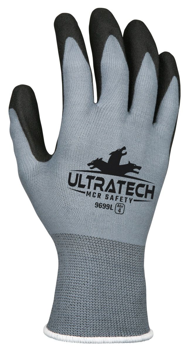 MCR Safety UltraTech 9699 15 Gauge Nylon Shell, HPT Coated Work Gloves, Gray, Box of 12 Pairs