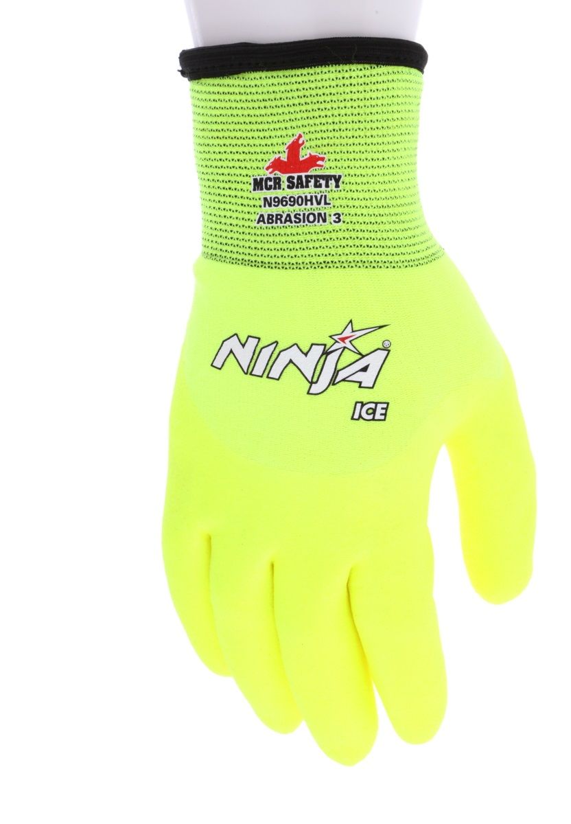 MCR Safety Ninja Ice N9690HV Over the Knuckle Coated, Insulated Work Gloves, Hi-Vis Lime, Box of 12 Pairs