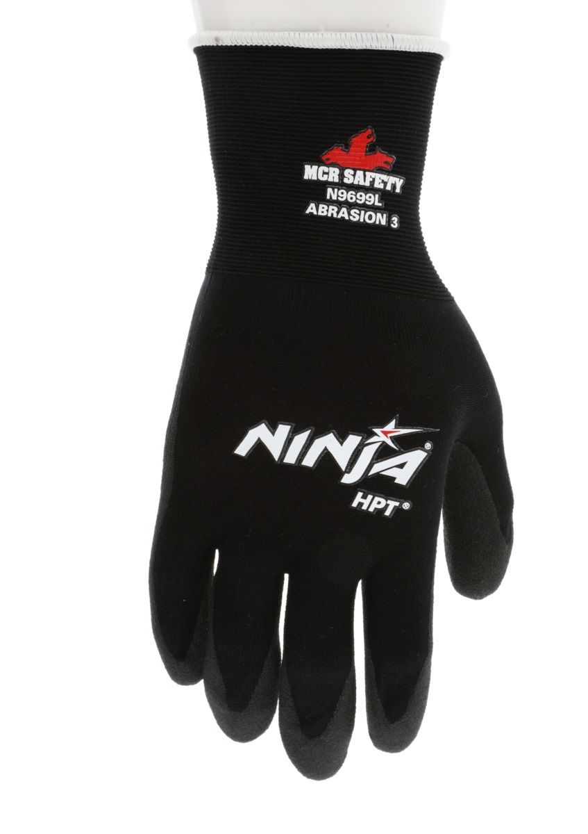 MCR Safety Ninja HPT N9699 15 Gauge Nylon Shell Coated Work Gloves, Black, Box of 12 Pairs