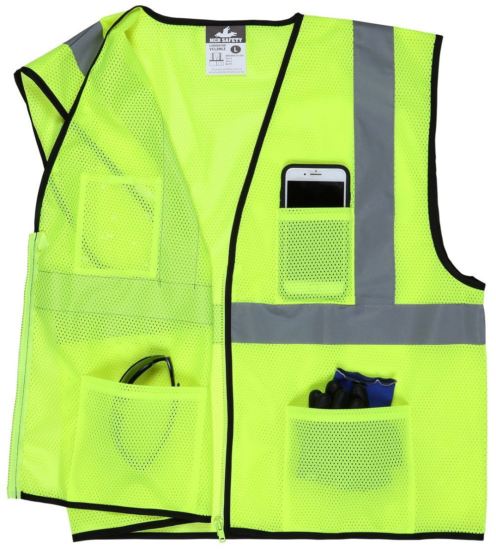 MCR Safety Luminator VCL2MLZ Zipper Front Class 2 Mesh Safety Vest, Hi Vis Lime, 1 Each