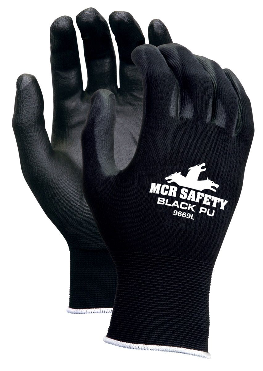 MCR Safety VP9669 13 Gauge Nylon Shell PU Coated Work Gloves, Black, Case of 96