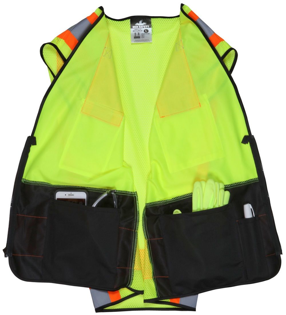 MCR Safety Luminator WCCL2MLSZ ANSI Type R Class 2 Reflective Safety Vest, Hi Vis Lime, 1 Each