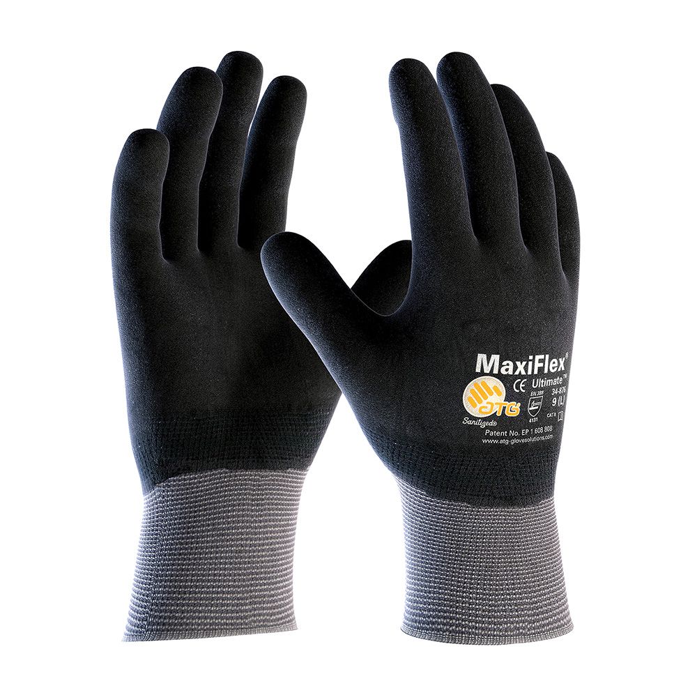 PIP ATG 34-876 MaxiFlex Ultimate Touchscreen Compatible Seamless Knit Glove with Nitrile MicroFoam Grip on Full Hand, Gray, 1 Pair
