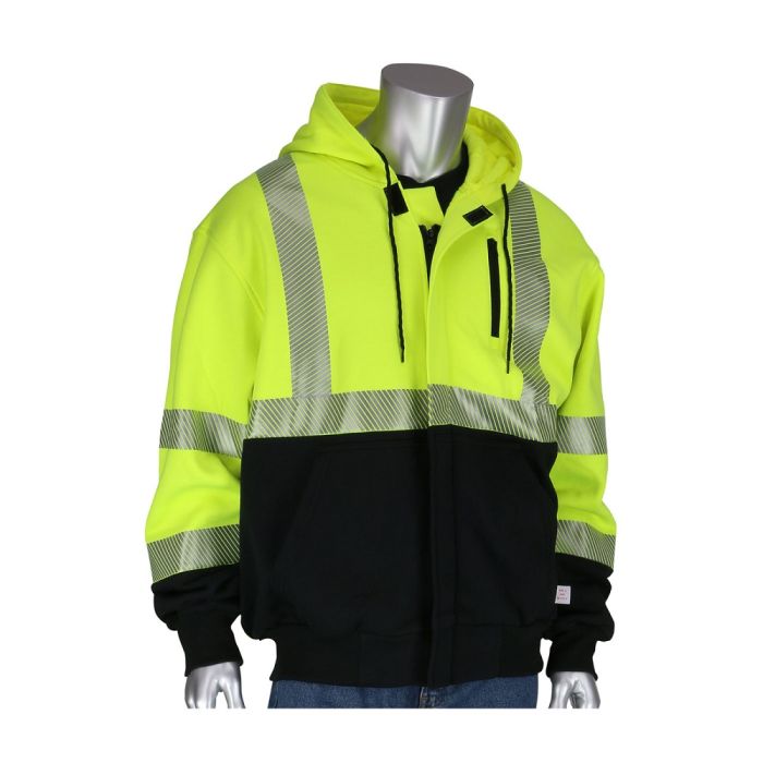 PIP 385-1370FR-LY ANSI Type R Class 3 AR FR Full Zip Hooded Sweatshirt, Hi Vis Yellow, 1 Each