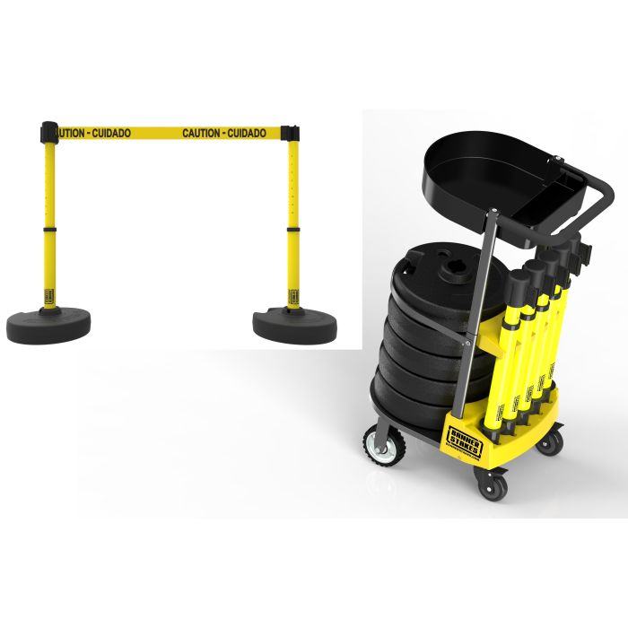 Banner Stakes PL4002T PLUS Cart Package with Tray, Yellow "Caution-Cuidado" Banner