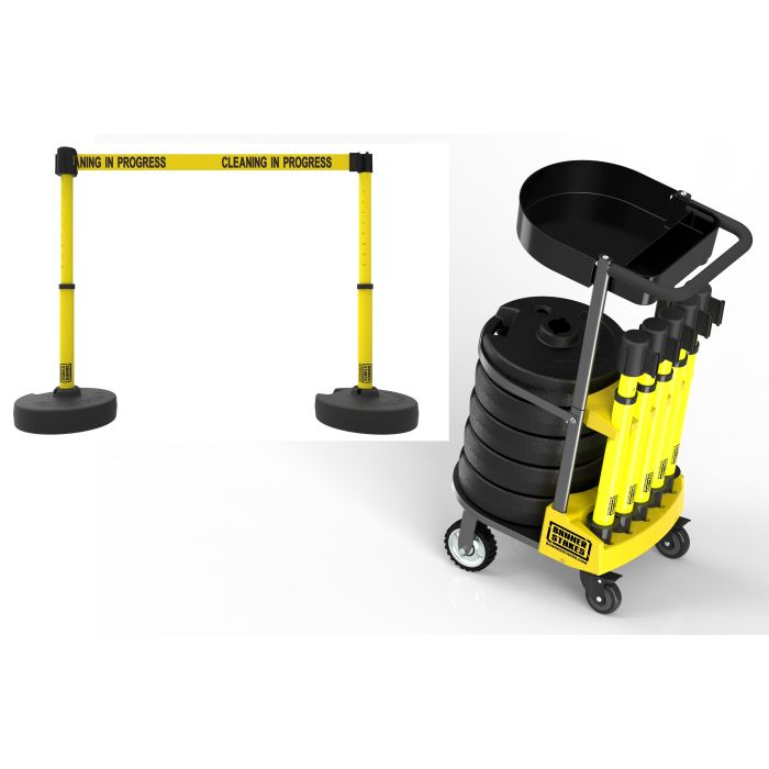 Banner Stakes PL4005T PLUS Cart Package with Tray, Yellow "Cleaning in Progress" Banner