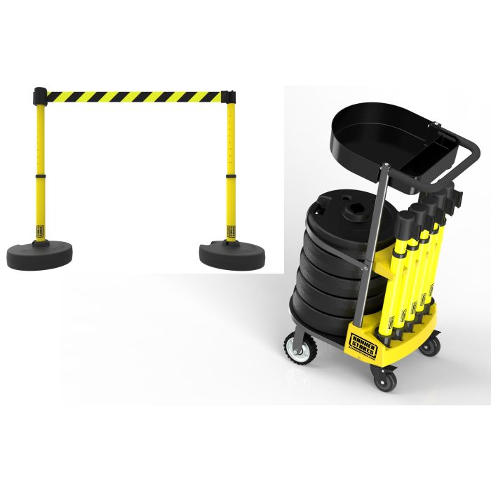 Banner Stakes PL4008T PLUS Cart Package with Tray, Yellow/Black Diagonal Stripe Banner