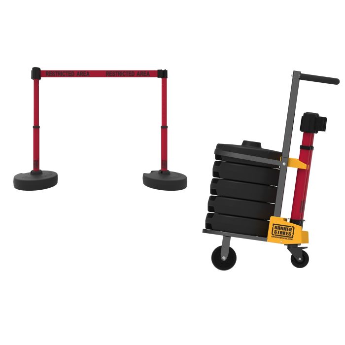 Banner Stakes PL4010 PLUS Cart Package, Red "Restricted Area" Banner