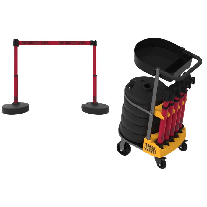 Banner Stakes PL4010T PLUS Cart Package with Tray, Red "Restricted Area" Banner