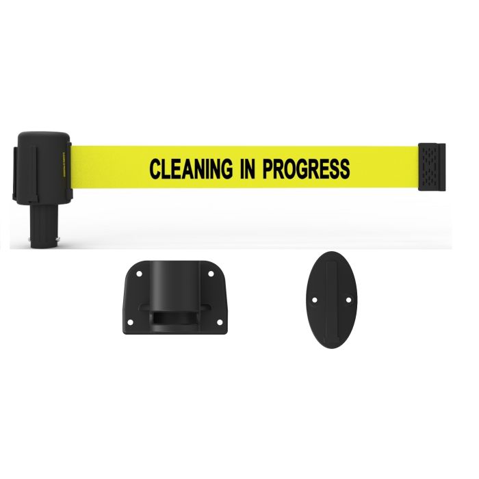 Banner Stakes PL4110 PLUS Wall Mount System, Yellow "Cleaning in Progress"