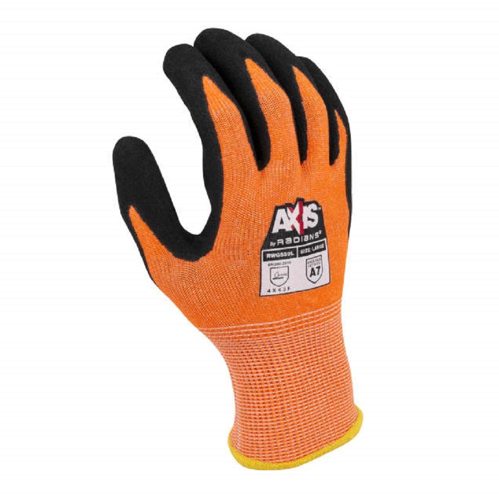 Radians RWG559 AXIS Cut Protection Level A7 Sandy Nitrile Coated Glove, Box of 12 Pairs