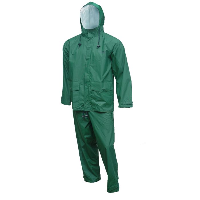 Storm-Champ Suit Forest Green 2 Pc Jacket Zipper Front Attached Hood Plain Front Waist Pants Retail Packed