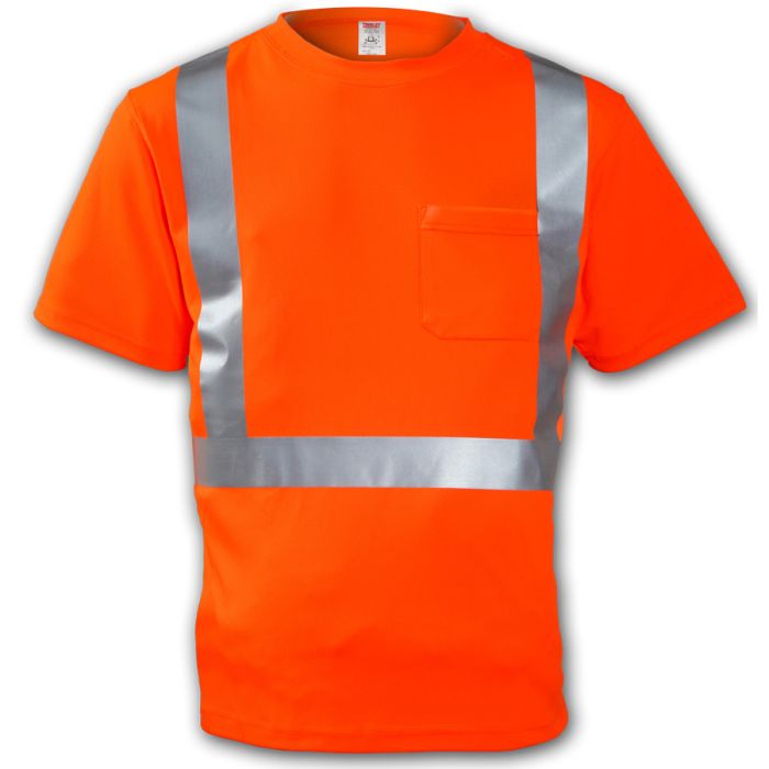 Class 2 T-Shirt Fluorescent Orange-Red Short Sleeve 1 Pocket Silver Reflective Tape